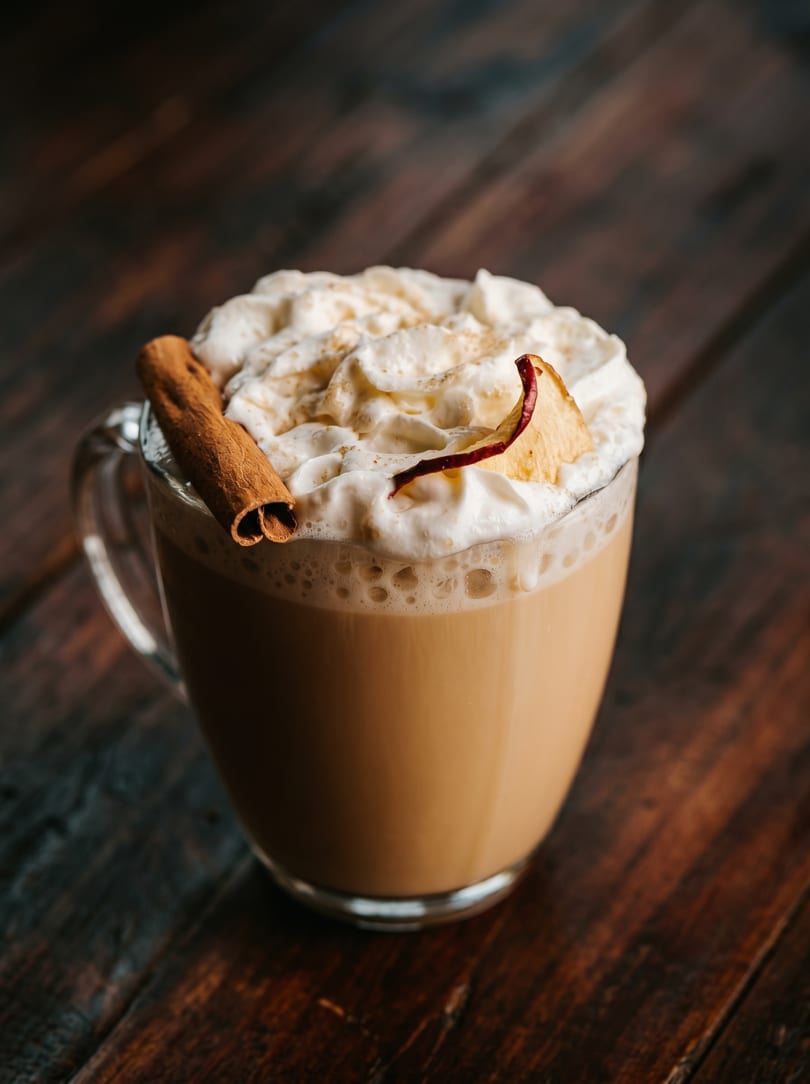 A clear mug of creamy beverage topped with whipped cream, a cinnamon stick, and a dried apple slice.