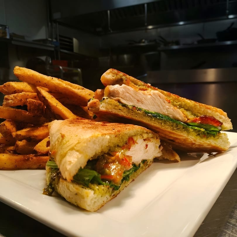 Chicken pesto panini with sun-dried tomatoes and a side of seasoned french fries on a white plate.