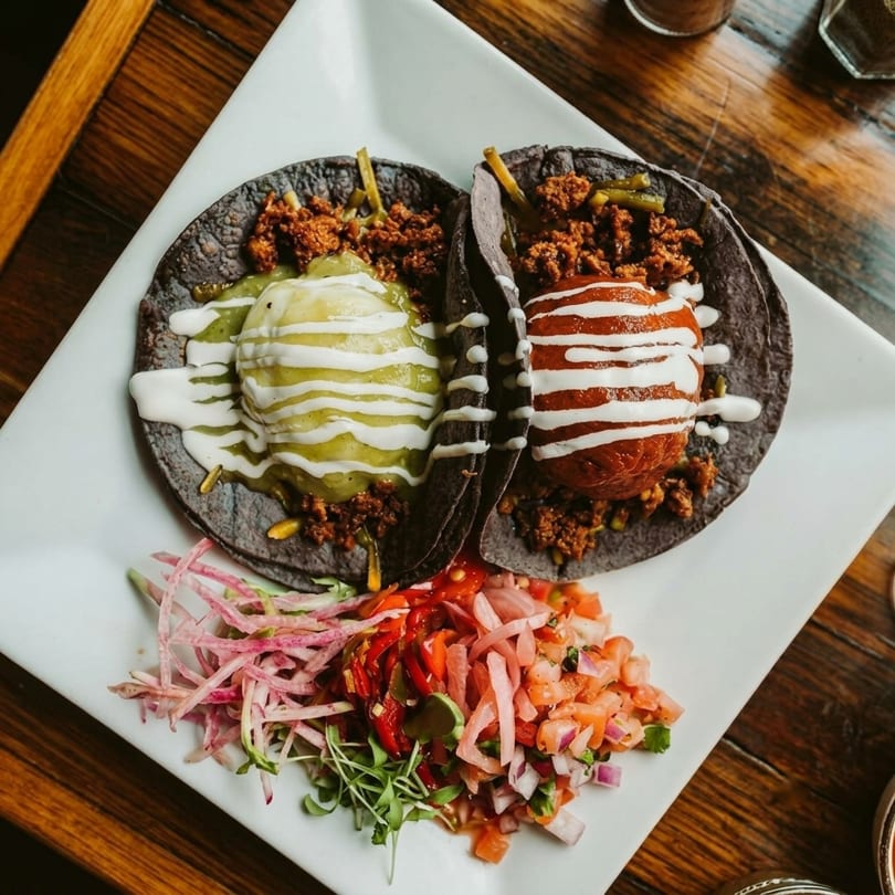 Two dark tacos with meat, guacamole, and a red fritter, served with pico de gallo.