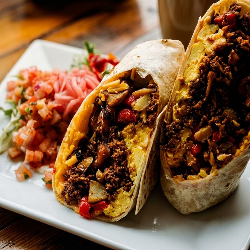 Two halves of a breakfast burrito filled with eggs, meat, and potatoes, served with salsa.